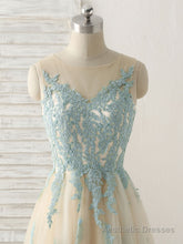 Cute Champagne Lace Long Prom Dress, A Line Tulle Bridesmaid Dress